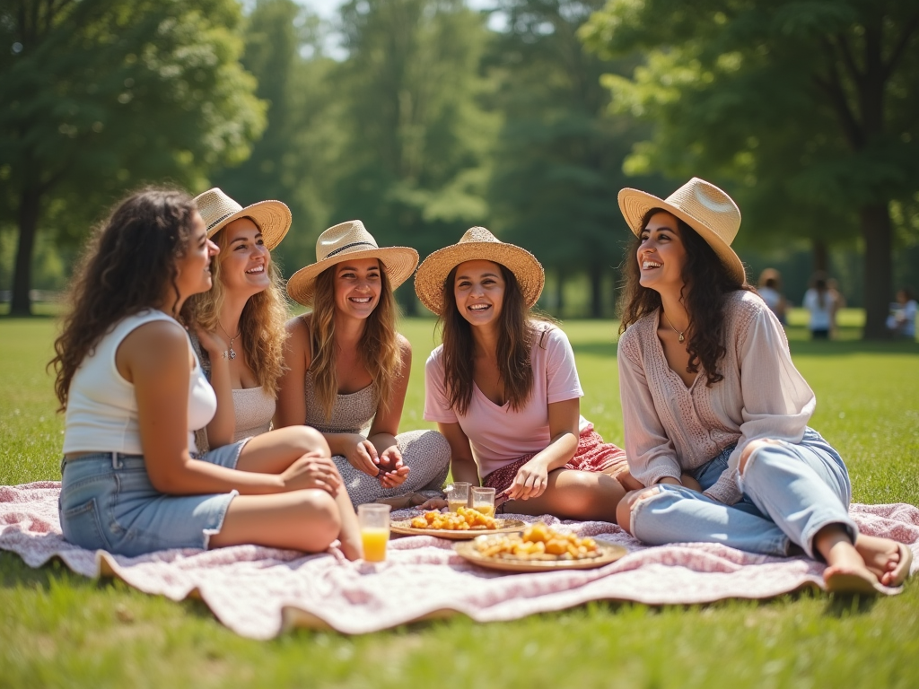 Pięć uśmiechniętych kobiet na pikniku w parku, w letnich kapeluszach, rozmawiających.