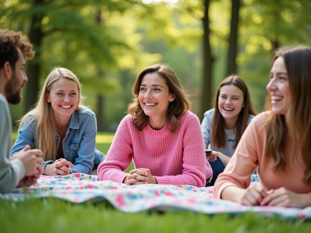 Grupa przyjaciół śmieje się i rozmawia na pikniku w parku.