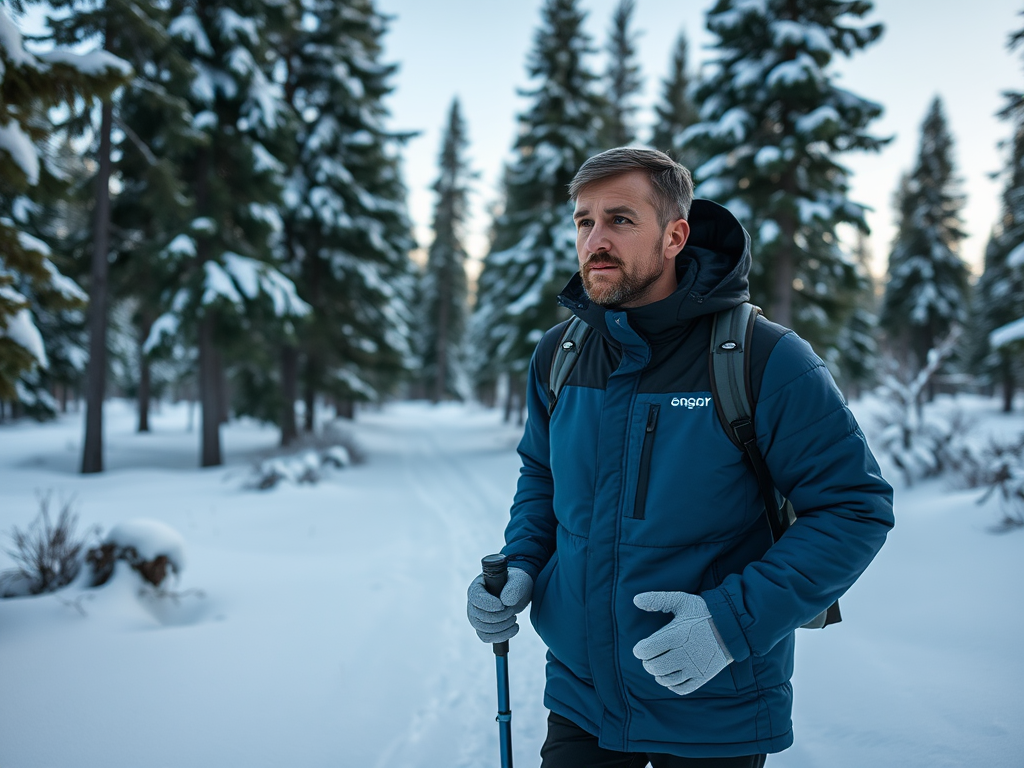 Mężczyzna spaceruje po ośnieżonym lesie, trzymając kij trekkingowy, otoczony śniegiem i wysokimi drzewami.